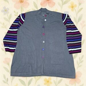 Bob Mackie Wearable Art Cardigan Jacket 3X Gray Stripe Sleeve Colorful Buttons